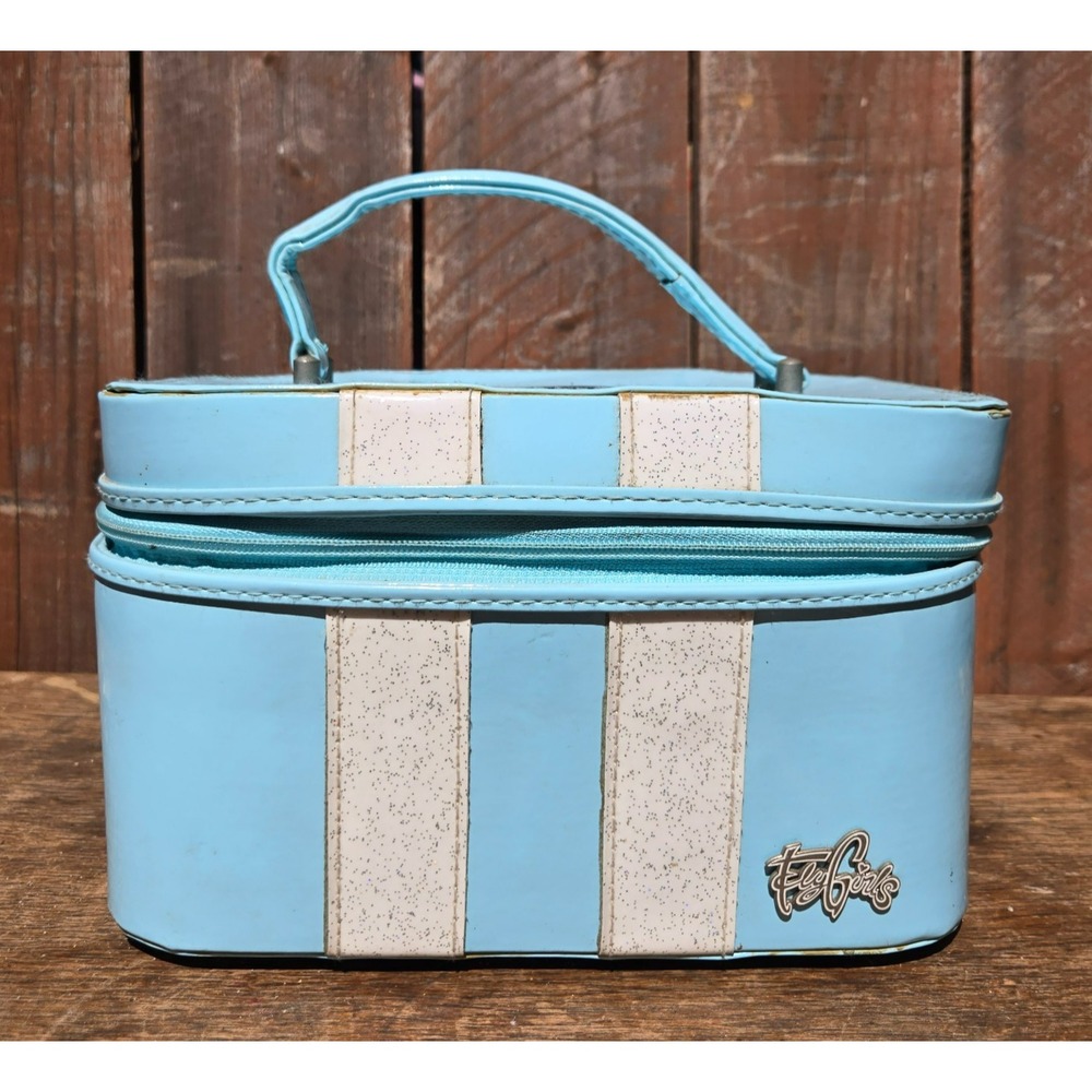 Vintage Fly Girls Train Case Baby Blue Makeup Bag Cosmetic Travel Box Patent